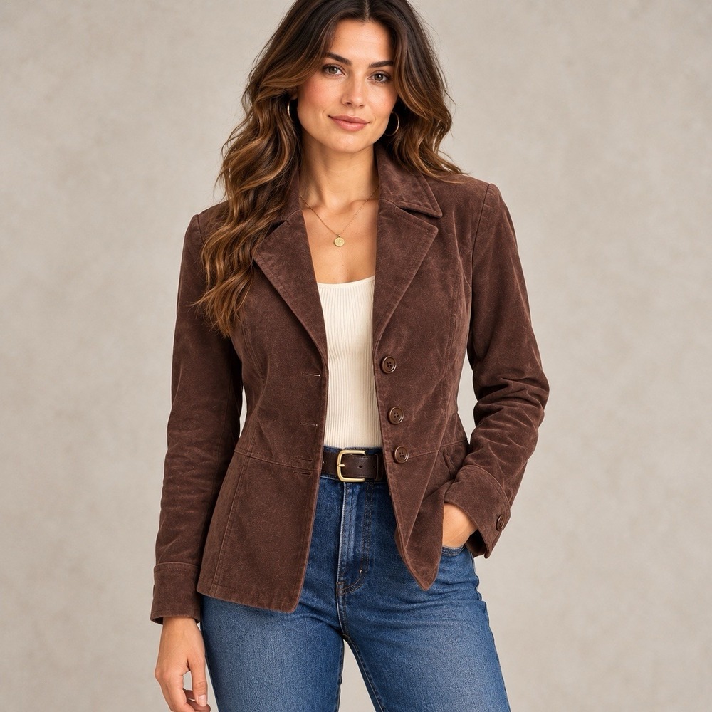 Carlson Brown Suede Leather Blazer 6P Fitted Jacket Y2K 90s Dark Academia Boho